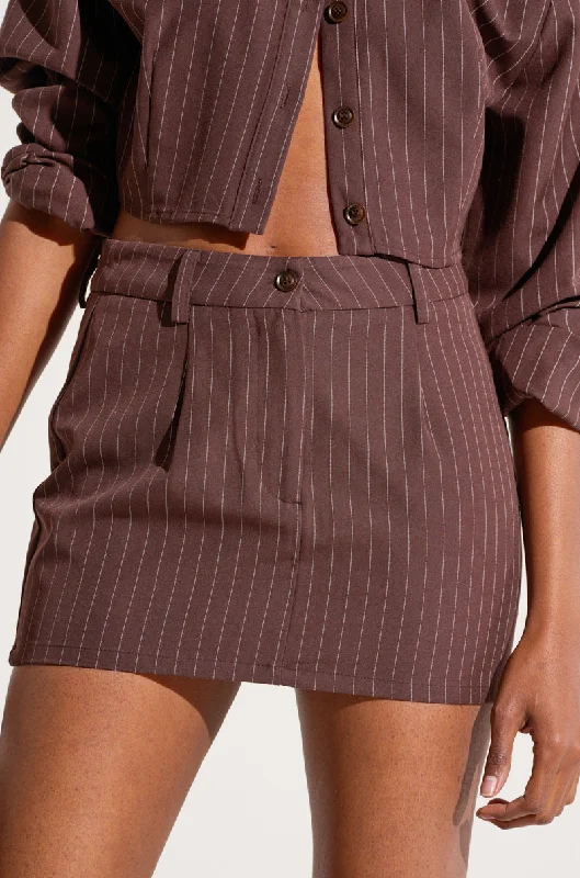 Athleisure Wear Special Offer STRAIGHT TO BUSINESS PINSTRIPE MINI SKIRT IN BROWN