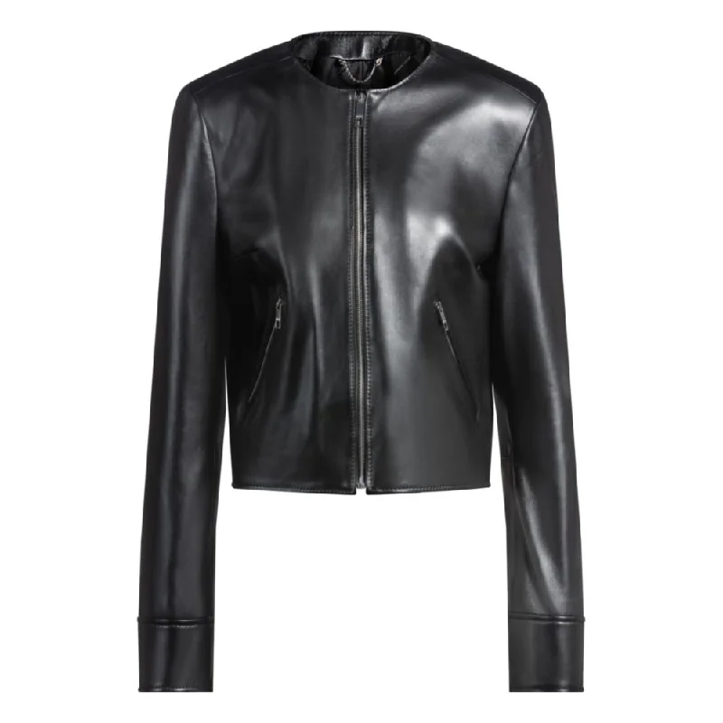 Sporty Streetwear Collarless leather jacket with zip closure