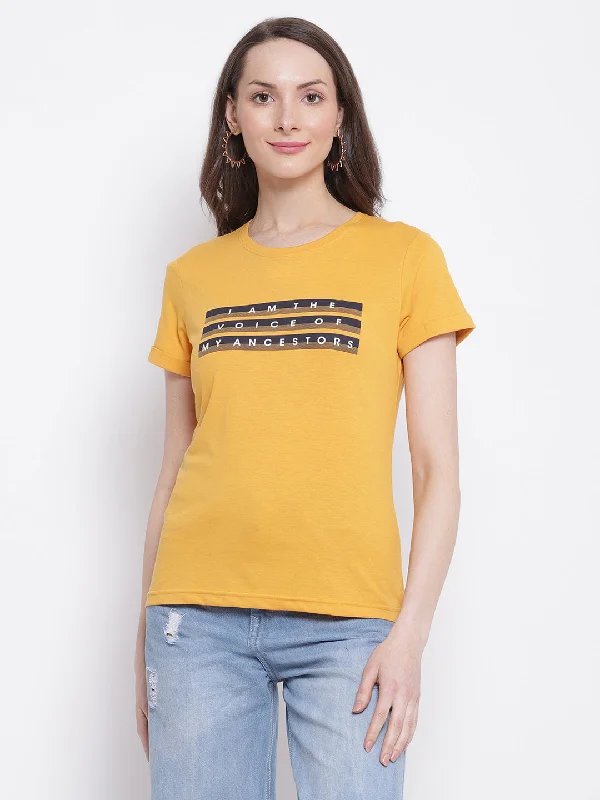 Fashion Deal Women's Casual Regular Short Sleeve Mustard Round neck Typographic Print T-Shirt