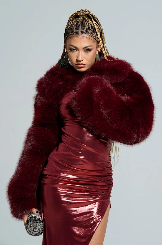 Step Ahead, Lead The Trend LEILA ULTRA CROP FAUX FUR IN BURGUNDY