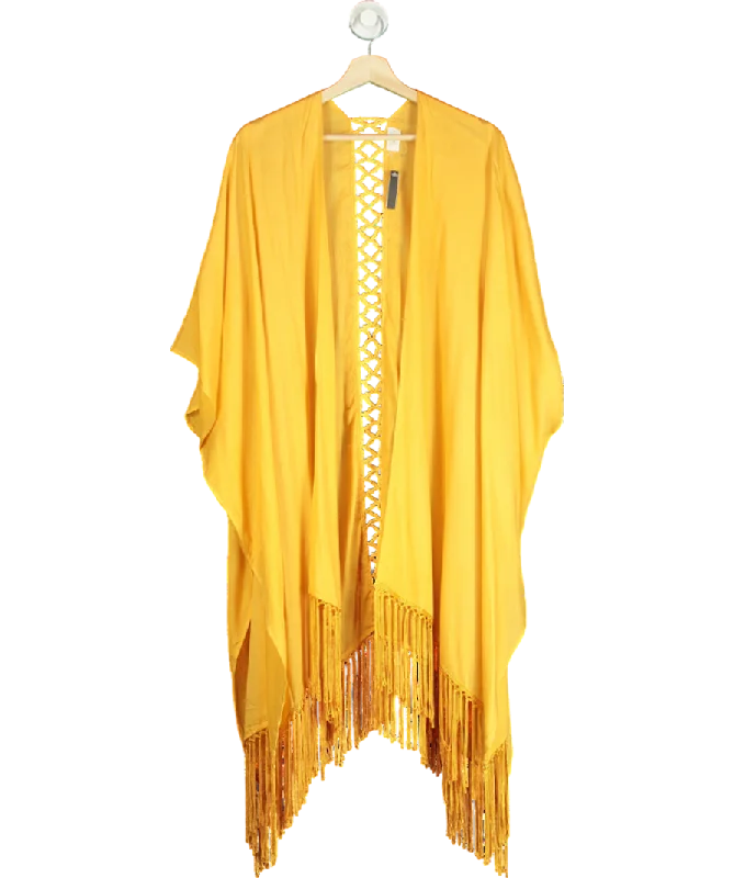 Casual Chic Elizabeth Gillett Yellow Solid Fringe Lace Kimono One Size