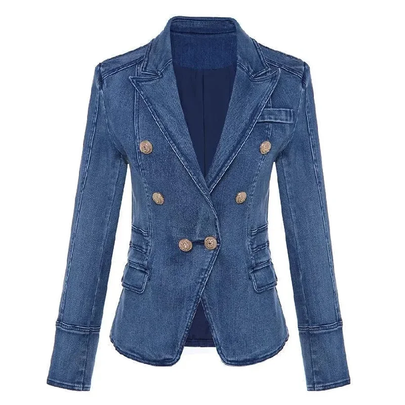 High End Fashion Casual Denim Blazer Women - Casual - Plain-Solid