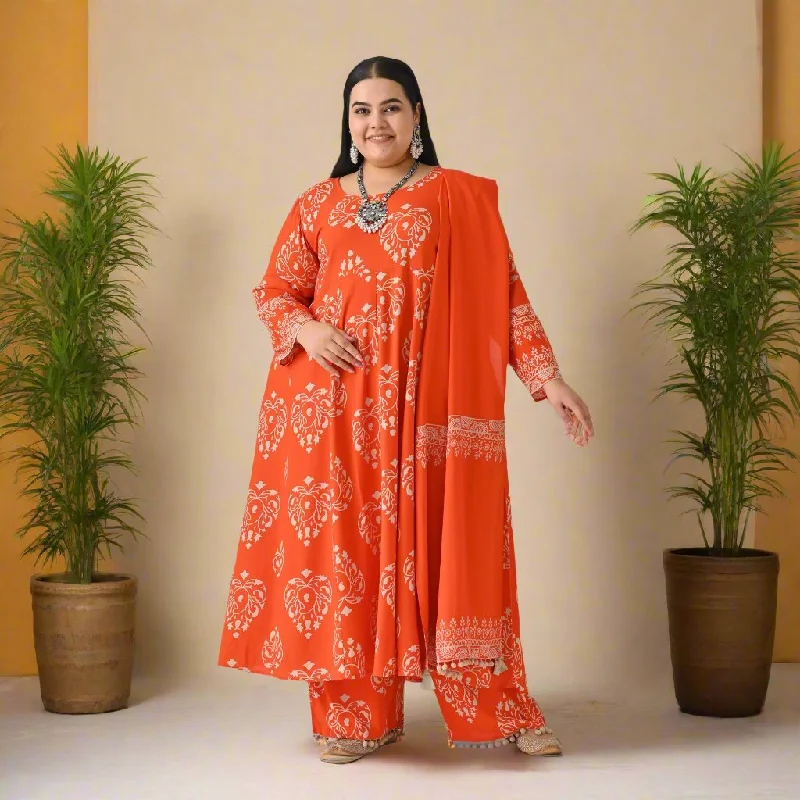 Sophisticated Outfits Orange Flared Kurta Dupatta Pant Set with Pompom Details - SOM