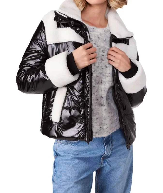 Faux Shearling Puffer Jacket In Black