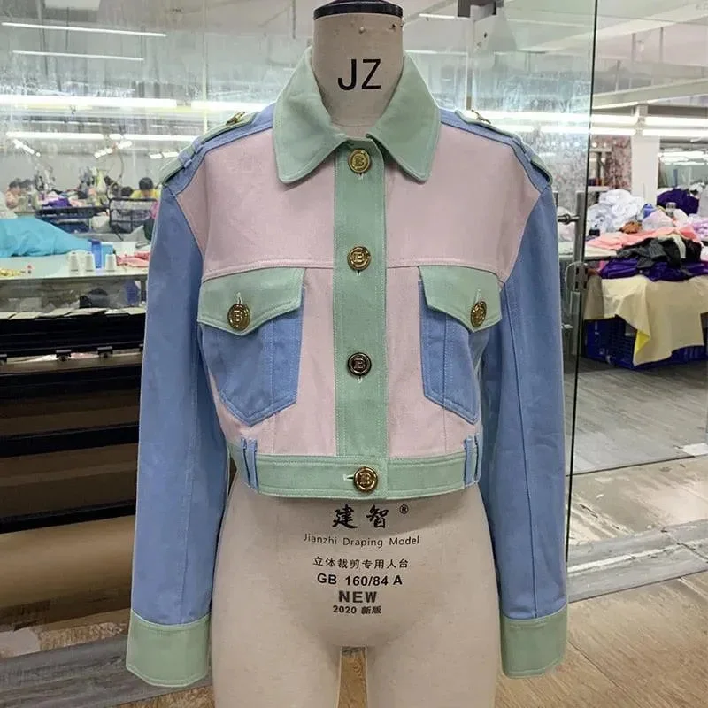 Chic Trend Collection Patchwork Crop Denim Jacket